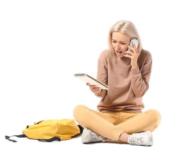 Stressed Female Student Talking Mobile Phone White Background — Stock Photo, Image
