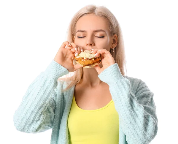 Mulher Com Problema Fome Forte Fundo Branco Sintomas Diabetes — Fotografia de Stock