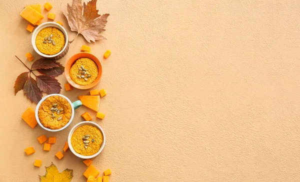 Autumn Composition Tasty Pumpkin Pudding Color Background — Stock Photo, Image