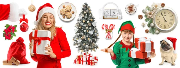 Collage Mit Kleiner Elfe Und Schöner Frau Mit Weihnachtsgeschenken Auf — Stockfoto