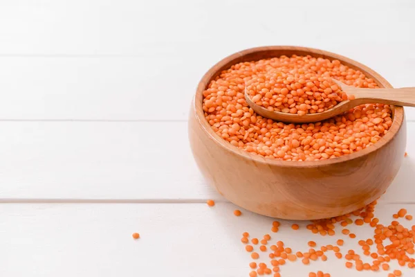 Bowl Spoon Raw Lentils Table — Stock Photo, Image
