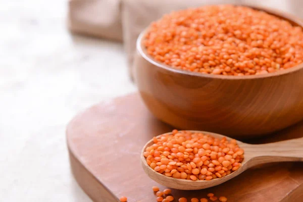 Bowl Spoon Raw Lentils Table Closeup — Stock Photo, Image