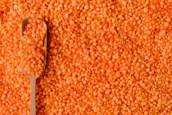 Wooden scoop on red lentils