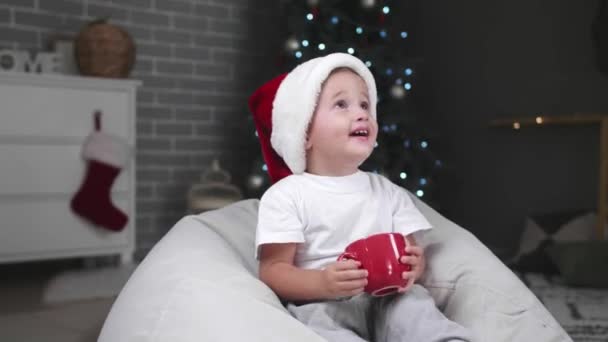 Little Baby Boy Drinking Hot Cacao Home Christmas Eve — Stock Video