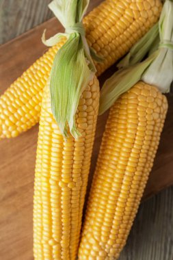 Tahta arka planda taze mısır koçanları