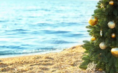 Deniz sahilinde süslenmiş Noel ağacı. Tatil kavramı