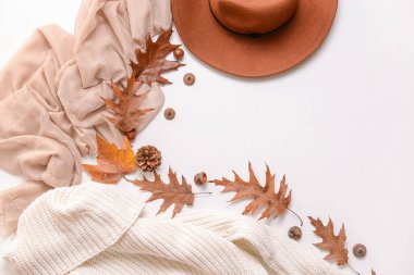 Sonbahar kompozisyonu ve beyaz arka planda şık giysiler