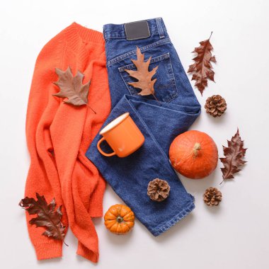 Sonbahar kompozisyonu ve beyaz arka planda şık giysiler