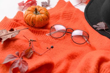 Beyaz arka planda şık kıyafetler ve gözlüklerle sonbahar kompozisyonu, yakın plan