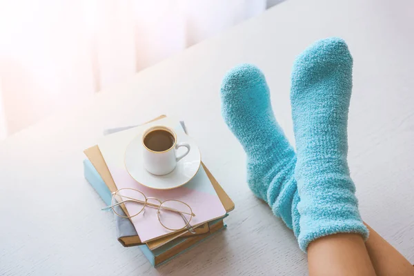 Female Legs Socks Table Books Cup Coffee Home Concept Day — Stock Photo, Image