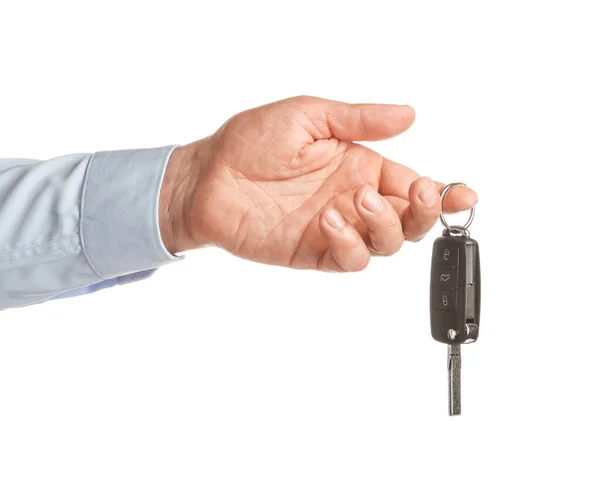 Mano Masculina Con Llave Del Coche Sobre Fondo Blanco — Foto de Stock