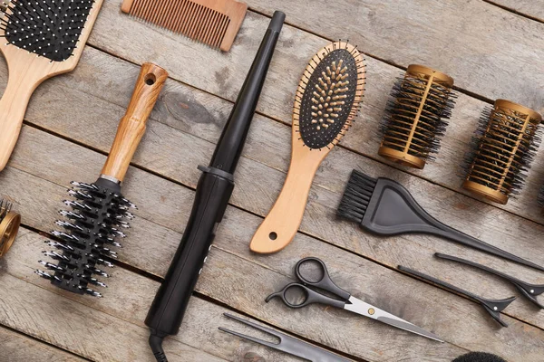 Set Hairdresser Tools Wooden Background — Stock Photo, Image