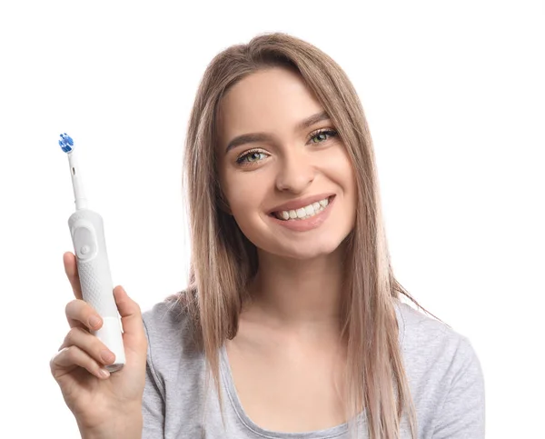 Young Woman Electric Tooth Brush White Background — Stock Photo, Image