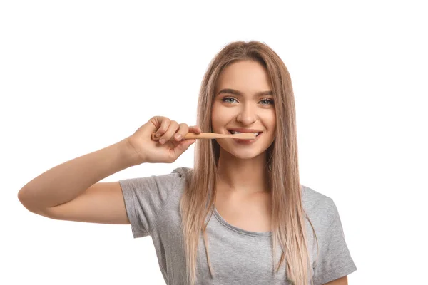 Young Woman Wooden Tooth Brush White Background — Stock Photo, Image