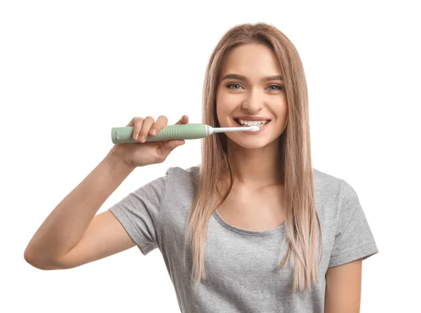 Young Woman Electric Tooth Brush White Background — Stock Photo, Image