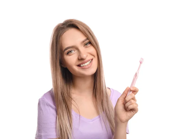 Junge Frau Mit Zahnbürste Auf Weißem Hintergrund — Stockfoto