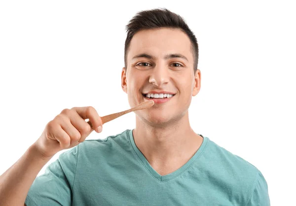 Jeune Homme Avec Brosse Dents Sur Fond Blanc — Photo