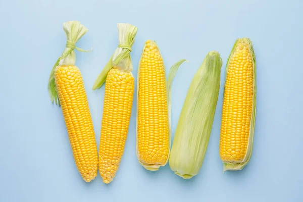 Świeże Kolby Kukurydzy Tle Koloru — Zdjęcie stockowe