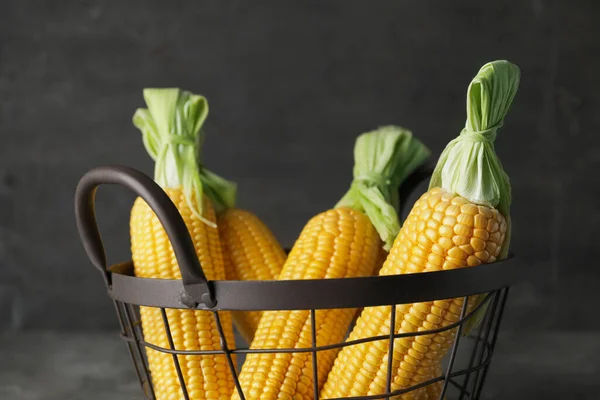 Basket Fresh Corn Cobs Dark Grey Background — Stock Photo, Image