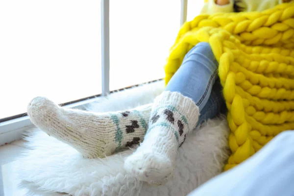 Beautiful Young Woman Warm Socks Plaid Sitting Window Sill Closeup — Stock Photo, Image