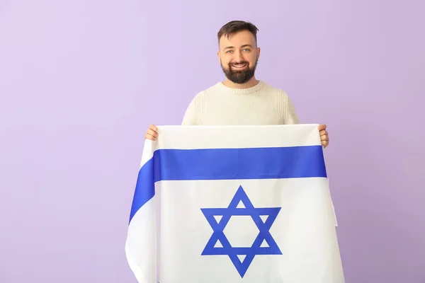 Hombre Con Bandera Israel Sobre Fondo Color — Foto de Stock