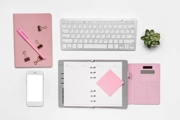 Stationery Computer Keyboard Mobile Phone White Background — Stock Photo, Image