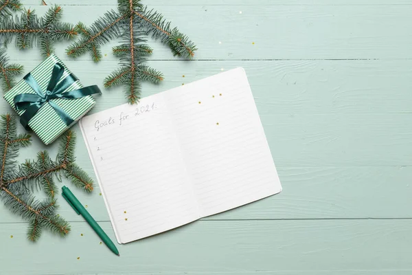 Empty List 2021 Year Gift Color Wooden Background — Stock Photo, Image
