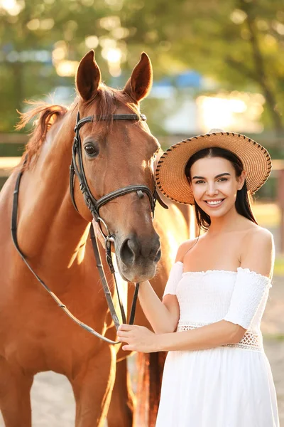 Beautiful Young Woman Cute Horse Outdoors — Stock Photo, Image