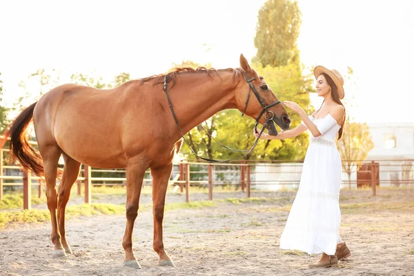 Mooie Jonge Vrouw Met Schattig Paard Buiten — Stockfoto