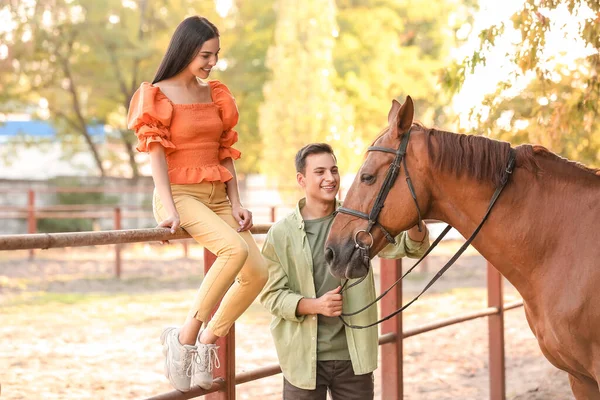 Young Couple Cute Horse Outdoors — Stock Photo, Image