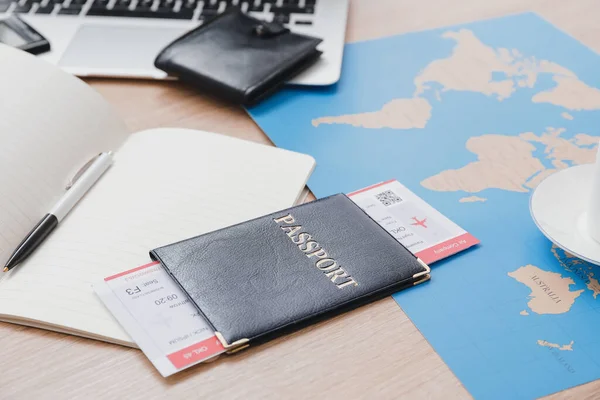 Set of travel items on table