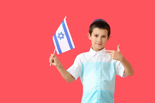 Niño Pequeño Con Bandera Israel Sobre Fondo Color — Foto de Stock