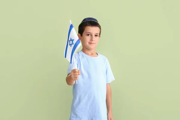 Petit Garçon Avec Drapeau Israël Sur Fond Couleur — Photo