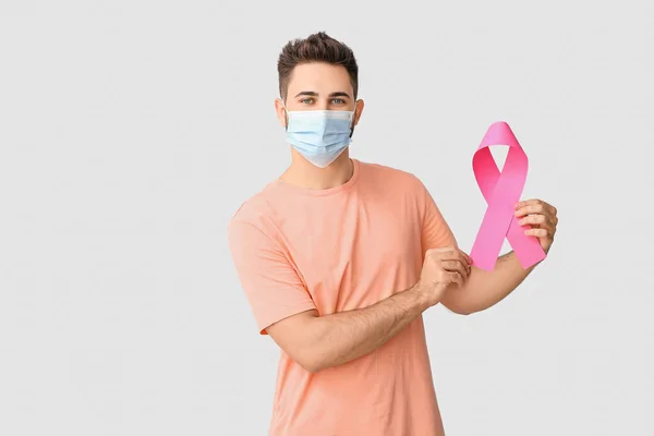 Man Pink Ribbon Light Background Breast Cancer Awareness Concept — Stock Photo, Image