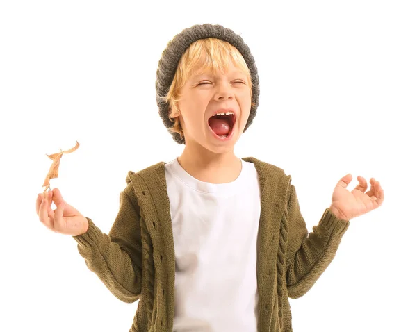 Niño Feliz Con Hoja Otoño Sobre Fondo Blanco — Foto de Stock