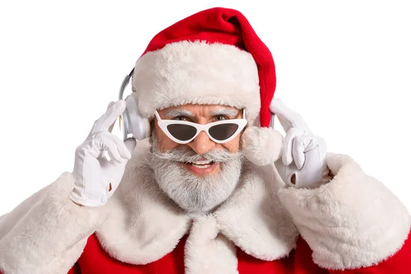 Havalı Noel Baba Beyaz Arka Planda Müzik Dinliyor — Stok fotoğraf
