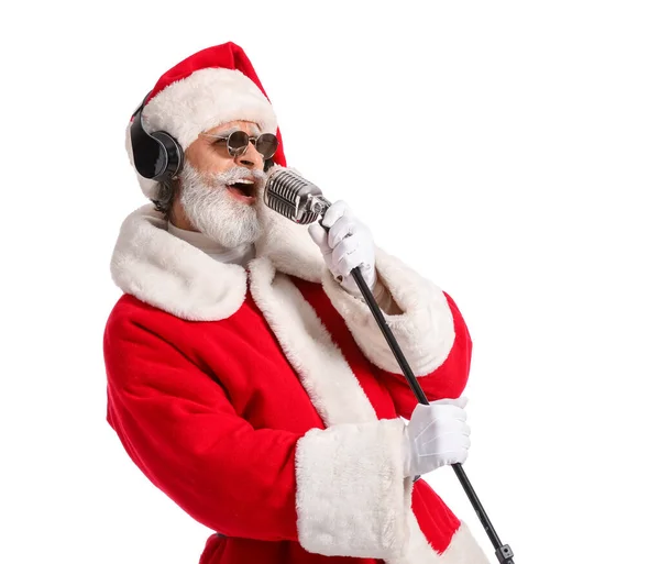 Cooler Weihnachtsmann Mit Mikrofon Singt Weihnachtslied Auf Weißem Hintergrund — Stockfoto