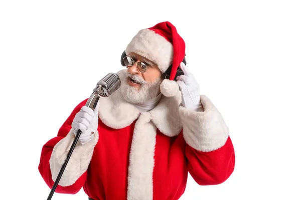 Havalı Noel Baba Mikrofonuyla Noel Şarkısını Beyaz Arka Planda Söylüyor — Stok fotoğraf