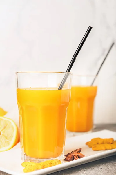 Glass Healthy Turmeric Drink Table — Stock Photo, Image