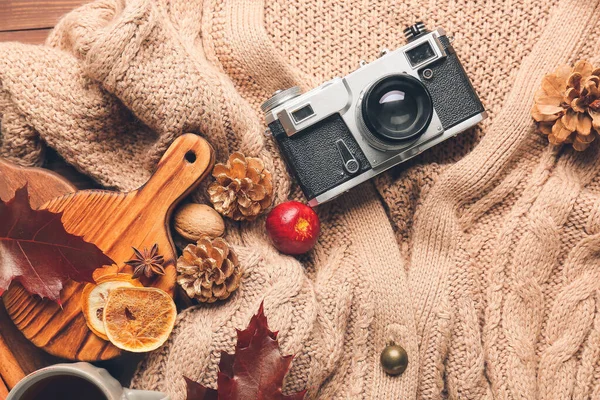 Autumn Composition Stylish Clothes Photo Camera — Stock Photo, Image