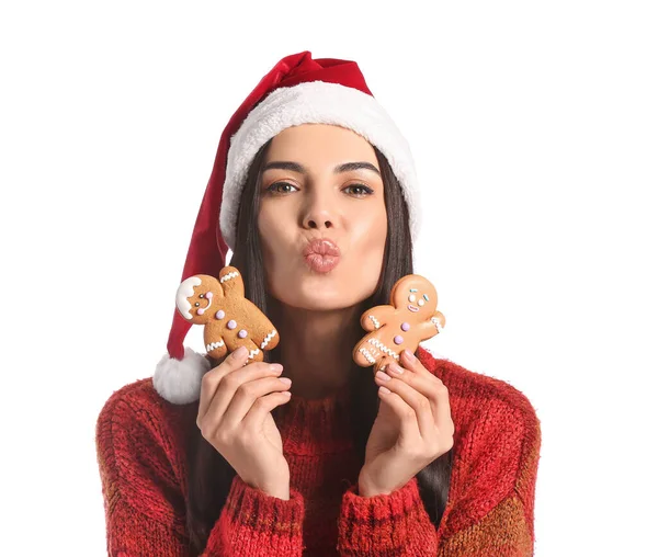Belle Jeune Femme Chapeau Père Noël Avec Savoureux Biscuits Pain — Photo