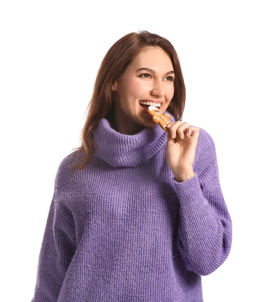 Beautiful Young Woman Eating Tasty Gingerbread Cookie White Background — Stock Photo, Image