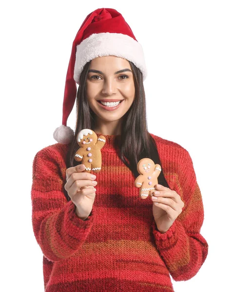 Mulher Bonita Chapéu Santa Com Biscoitos Gengibre Saborosos Fundo Branco — Fotografia de Stock