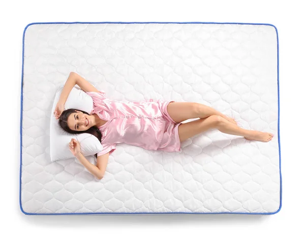 Young Woman Lying Mattress White Background Top View — Stock Photo, Image