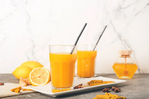 Glasses Healthy Turmeric Drink Table — Stock Photo, Image