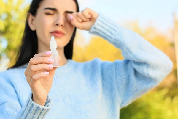 Young Allergic Woman Eye Drops Outdoors — Stock Photo, Image