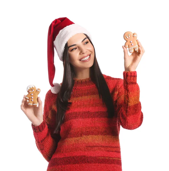 Mulher Bonita Chapéu Santa Com Biscoitos Gengibre Saborosos Fundo Branco — Fotografia de Stock