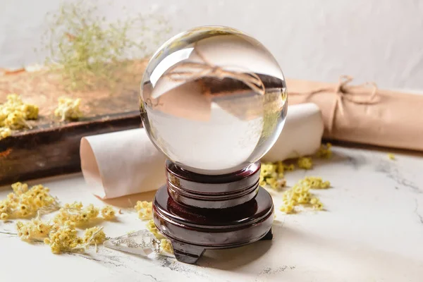Crystal Ball Fortune Teller Spell Book Scrolls Table — Stock Photo, Image