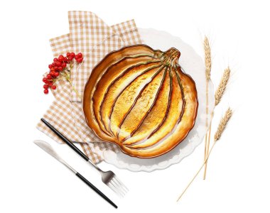 Beyaz arka planda Şükran Günü kutlaması için güzel bir masa.