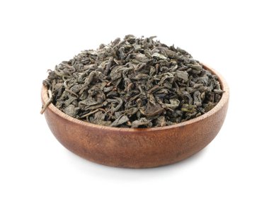 Beyaz arkaplanda kuru yeşil çay tabağı